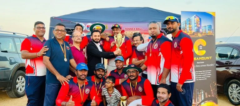 Casamount-branded cricket event photograph with players and a trophy