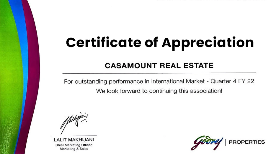Godrej Properties Certificate of Appreciation awarded to Casamount Real Estate for International Market performance, Quarter 4 FY 22